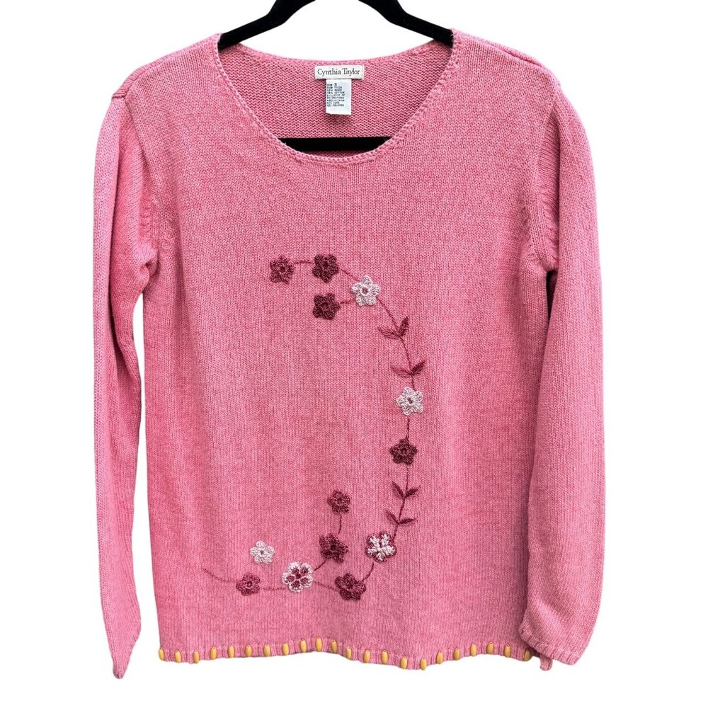 Cynthia Taylor Vintage‎ Womens Pink Sweater Cottage Floral Embroidery Beaded Hem